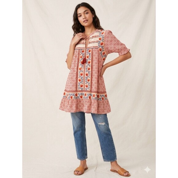 Patrons of Peace Tops - Patrons of Peace Coral Pink Floral Embroidered Tie-Neck Tunic